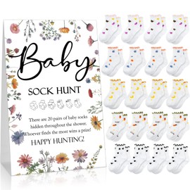 Hoteam 21 Pcs Baby Shower Games Include Baby Sock Hunt Sign and 20 Pair Small Cotton Socks Wooden Table Sign with Holder for Gender Reveal Party Favors(Classic Style)