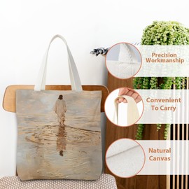 ZOFGUO Jesus Walking on Water Christian Tote Bag for Women, Jesus Canvas Tote Bag, Christian Gifts for Women Faith, Religious Scripture Reusable Shopping Grocery Bags