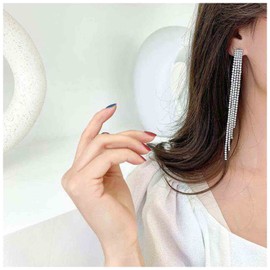 Yheakne Boho Rhinestone Tassel Earrings Long Fringe Drop Dangle Earrings Silver Crystal Chain Tassel Earrings Vintage Chandelier Chain Studs Earrings Luxury Statement Earrings Jewelry for Women and Girls Gifts (Long)