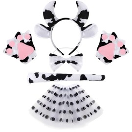 Tihebax Cow Costume Set - Cow Ears Horns Headband and Tail, Bowtie, Skirt, Gloves for Cosplay Parties Animal Costume