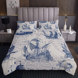 Erosebridal Nautical Decor Coverlet Set Sailboat Quilt Set Queen Size Blue Vintage Sketch Style Artwork Bedspreads with Ocean Fisherman Compass Print Microfiber Bedding for Kids Boys Girls Room Decor
