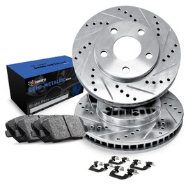 R1 Concepts Rear Brake Kit For 2006-2007 Acura CSX, 2013-2015 Acura ILX, 2006-2015 Honda Civic| Drilled Slotted Brake Rotors| Semi-Metallic Brake Pads and Rotors Kit| Hardware included