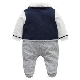 FamukaBaby Boys Romper One-Piece Suit Gentleman Jumpsuit Bow Tie Cotton Formal Outfits (3-6 Months, Navy)