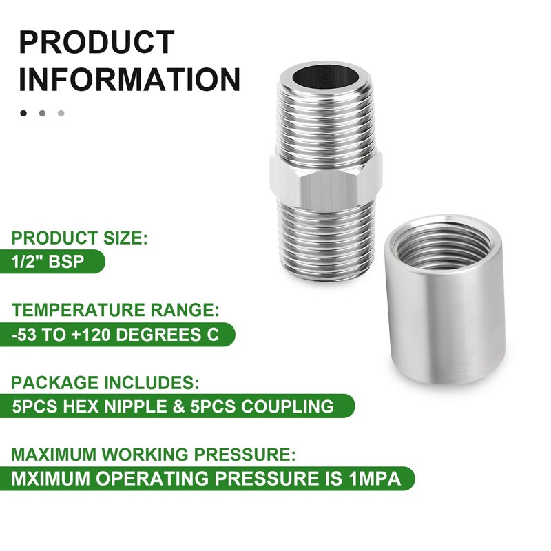 TAISHER 10PCS 304 Stainless Steel Pipe Fitting, Hex Nipple, Coupling,