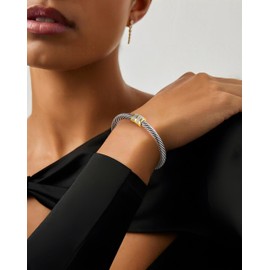 Wiilkac Cuff Bracelets for Women Two Tone - Cable Bangle Bracelet Twisted Silver Wire - Cubic Zirconia Vintage Mixed Metal Cuff Bracelets Jewelry Gift (Cubic Zirconia 1)