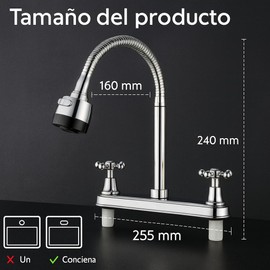 Grifo de Cocina de Acero Inoxidable, Llaves para Fregadero de Cocina Flexible con Pulverizador de Modo Dual, Cocina de Acero Inoxidable con 2 Mangueras