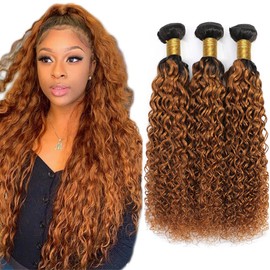 1B30 Curly Wave Bundles Human Hair Ombre Brown Bundle Tow Tone Hair Bundles 18 20 22 Inch Grade 8A Human Hair Weaves 3 Bundles Brazilian Virgin Hair Extensions for Women