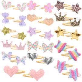 32 pcs Glitter Hair Clips for Girls, Sparkly Metal Snap Barrettes for Girls, Multicolor Shaped Hair Accessories for Little Girl, Flower/Star/Crown/Heart/Butterfly Shaped Styling Accessories