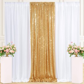 Sequin Backdrop 1 Pcs 4ftx8ft Gold Glitter Party Backdrop Curtains 2 Pcs White Chiffon Backdrops for Wedding Party Stage Decor (Pack of 3)