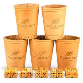 Waldfelsen® 5 Genuine Leather Dice Cups (9 cm) with 30 Wooden Dice (16 mm) Made of Beech Wood Leather Cup Dice Set Eye Cube Game Dice (Colour: Beige)