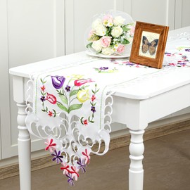 FuWeave Embroidered Tulip Table Runners Table Decorations 14 x 69 Inch Spring Floral Table Runner Seasonal Kitchen Dining Table Decoration for Easters Indoor Outdoor Home Party Decor