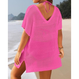 Yonique Plus Size Swimsuit Cover Up - Crochet Swim Cover Up 2025 Bathing Suit Short Sleeve Beach Dress Pink 18W