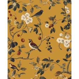 Vintage Bird Wallpaper 17.5"x393" Yellow Chinoiserie Floral Wallpaper Peel and Stick Removable Waterproof Self Adhesive Boho Wall Paper Floral Contact Paper for Bedroom Walls Cabinet Locker