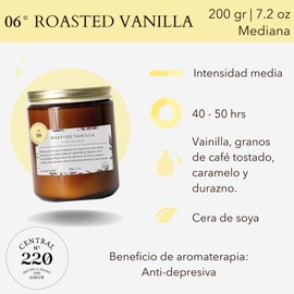 CENTRAL 220 | Vela Roasted Vanilla | Vainilla natural tostada, granos de café y caramelo. | Aromaterapia: Antiansiedad | 200g | Duración 40-50 Horas