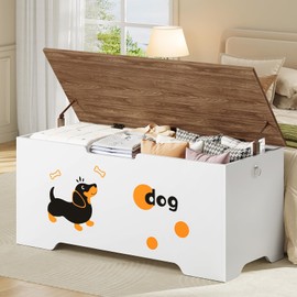 HOOBRO Toy Box, Toy Chest with 2 Safety Hinges, 47.2" Storage Bench, Wooden Storage Chest, for Entryway, Bedroom, Living Room, White and Walnut WH496CW01
