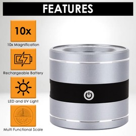 Lupe mit 10-facher Vergrößerung, LED- und UV-Licht, beleuchtete Lupe, multifunktional, Glasskala, Juweliere, Münzen, Briefmarken, Edelstein, Uhr, Telefon, Reparatur, Inspektion