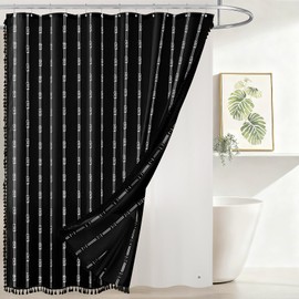 downluxe Linen Texture 3 in 1 Farmhouse Shower Curtain Set with Tassel, Boho Fabric Shower Curtains for Bathroom, Black, 72W x 72L