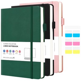 HOTYGUAL A5 Notebook Journal Set of 3 (Green, Black, Brown) - College Ruled 160 Pages, 100GSM Thick Paper, Hardcover with Pen Loop & Pocket - Office, School, Work Essentials for Women & Men