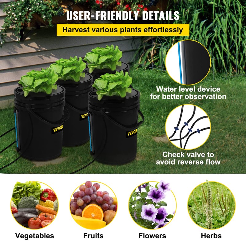 VEVOR DWC Hydroponic System, 5 Gallon 4 Buckets, Deep Water