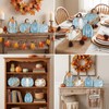 6 Pcs Fall Pumpkin Table Decor Wooden Signs, Blue and
