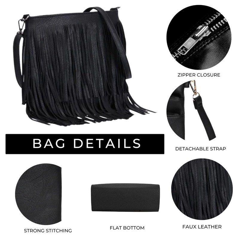 kukubird Crossbody Bags Tassel Fringe Zipper Closure Faux Leather Medium