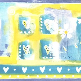 CONCORD WALLCOVERINGS ™ Wallpaper Border Abstract Pattern Hearts Flowers Swirls for Kid's Room Bedroom Playroom, Blue Yellow Green, 15 ft by 6.8 in NK74850