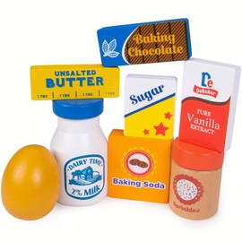 Baker's Mart Ingredient Set | Wooden Play Food Baking Groceries | Includes Baking Soda, Chocolate, Milk, Sugar, Vanilla, Flour, Sprinkles, Butter and Egg | Pretend Play Food Kitchen Accessories