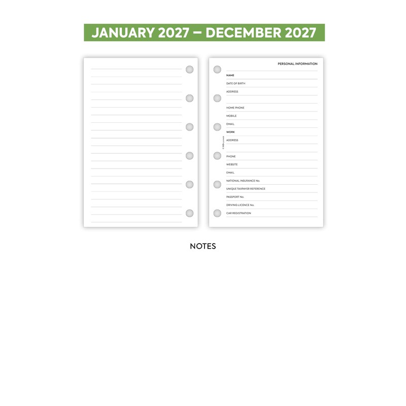2027 Pocket size Week on two pages diary refill insert