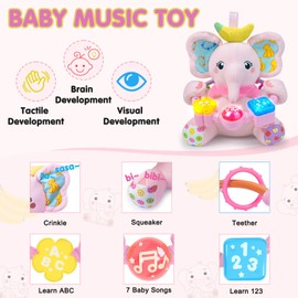 Ryotagift Baby Bilingual Musical Elephant Stuffed Animals Toys,Infant Early Learning Toy with Light-Up Music & Crinkle,Tummy Time Toys for 0 3 6 9 12+ Months for Baby Boy Girl Gift,Pink