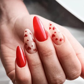 Valentine's Day Press on Nails Almond Length French Fake Nails Red False Nails with Love Heart Design Full Cover Artificial Acrylic Nails Set Women Glue on Nails Stick on Nails for Nail Art 24 Pcs