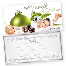 50 Christmas Vouchers Gift Voucher Cards Xmas Green Cosmetics with White Transparent Envelopes for Cosmetic Studio Vouchers Gift Vouchers