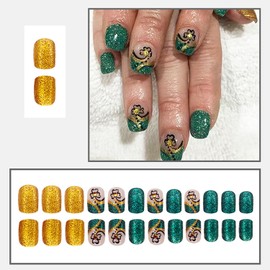 RIICFDD St. Patrick's Day Press on Nails Short Square Fake Nails Green Glitter False Nails Gold Glitter Four-leaf Clover Glue on Nails Full Cover Bling Stick on Nails for Women Artificial Nails 24 Pcs