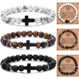Kingdder 3 Pcs Cross Bracelets for Men Natural Stone Beaded Bracelet