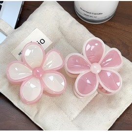 2PCS Pink Flower Hair Clips Hawaii Hair Claw Clips for Women Non-Slip Pink Acrylic Hairpins Large Claws Clip for Thick Thin Floral Jaw Claw for Hawaii Supplies Tropical Flower Hair Accessories