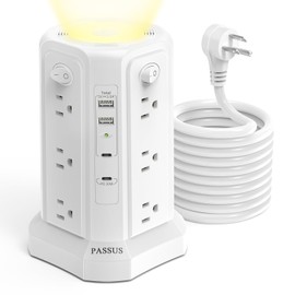 Long Surge Protector Power Strip 16 FT Cord, PD20W USB C Power Strip Tower with Night Light, Extension Cord with Multiple Outlets with 4 USB Ports, PASSUS Charging Station Home Office Essentials White