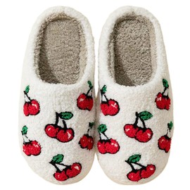 QQGB Women's Men's Cute Fuzzy Cherry Slippers Memory Foam Fluffy Couple Slippers Cozy House Indoor Outdoor Shoes Cherry-39-40