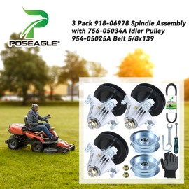 POSEAGLE 3 Pack Pre-Greased 918-06978 Spindle Assembly with 756-05034A Idler Pulley 954-05025A Belt 5/8x139 for Cub Cadet XT1-ST54, XT1-GT54, XT2-GX54, XT2-ST54, XT1 ST5 Lawn Tractors