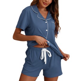 ZMJ Pajama Sets for Women 2 Piece Silk Satin Lounge Sets Short Sleeve Top and Shorts Pj Set Button Down Sleepwear Outfits Denim Blue, XS