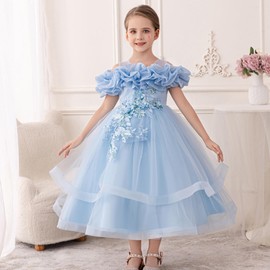 Zvzio Girls' Special Occasion Dresses with Cloud Shoulder Design, Mid-Length Easter Dress for Girls Blue
