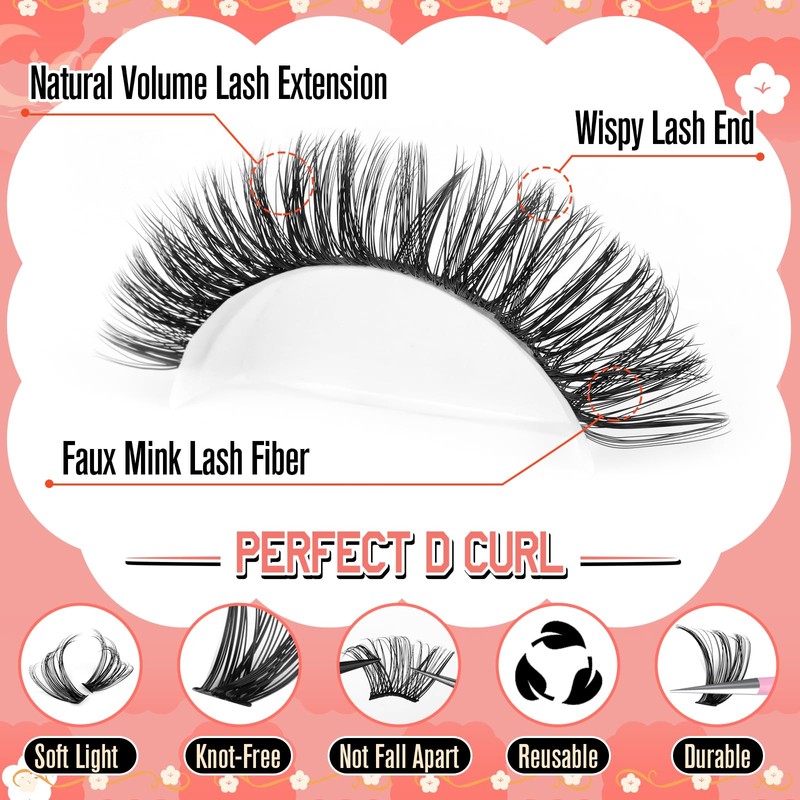 calphdiar Cluster Lashes 30D+40D+50D+60D Individual Eyelashes 480PCS Wispy Lashes Individual