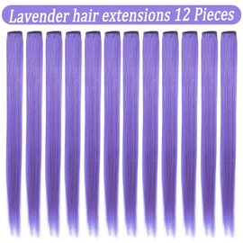 Fcysws 12Pcs Lavender Hair Extensions Clip in Girls,21 Inch Heat-Resistant Synthetic Straight Blue purple Hair Extensions for Women Girls Gift Party Highlights Hairpiece (Lavender)