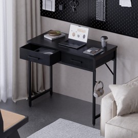 Pamray 32 Inch Small Computer Desk with 2 Drawers for Bedroom Study Writing Home Office Table for Small Spaces Black