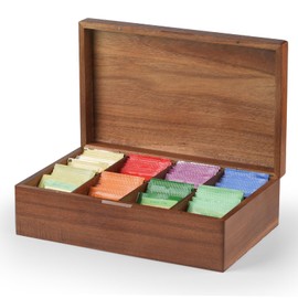 Acacia Wood Tea Bag Organizer, 8 Compartments Tea Box Organizer Storage Box, Tea Box for Tea Bags Chest, Tea Bag Holder with Magnetic Lid for Beverage Supplies, Sugar, Sweeteners, Individual Packets