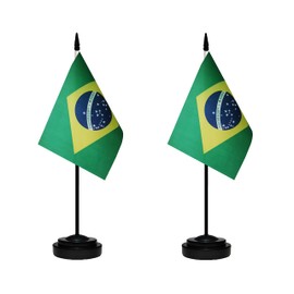 Brazil Brazilian Deluxe Desk Flag Set, Small Mini Miniature Brazil Brazilian Table Desktop Flags With Solid Pole, Black Base and Spear Top(2 Pack)