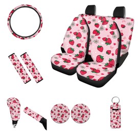 JOAIFO Strawberry Car Seat Cover Full Set Pink Front Rear Cover Steering Wheel Covers Seat Belt Cover Keychain Car Coaster Gear Shift Cover Car Interior Accessories Set