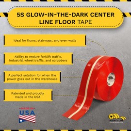Mighty Line Glow Reflective Floor Marking Tape for Safety, Caution, Warning, Heavy-Duty, Peel and Stick, Adhesive, Industrial Quality, 4" Red with Glow in The Dark Center Line, 100' Roll