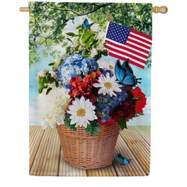 America Forever Red White Blue Blooms House Flag, 28 x 40 inch Double Sided, Patriotic Flower Basket American Flag Butterfly 4th of July Summer Floral Outdoor Decor