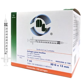 Jeringas para insulina 1 mL aguja 30G X 13mm, caja con 100 piezas