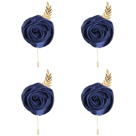 Faux Silk Rose Men Suit Boutonniere, Artificial Flower & Golden Leave Brooch Lapel Pin for Groom Groomsman Wedding Prom Dance Homecoming Party(Navy Blue, 4 Pack)