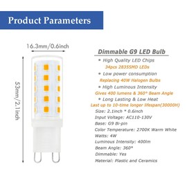 Pack of 8 G9 Dimmable LED Light Bulb 4W, 40W T4 Halogen Equivalent, 2700K Warm White 120V, G9 Bi-Pin Base Chandelier Light Bulb 400LM …